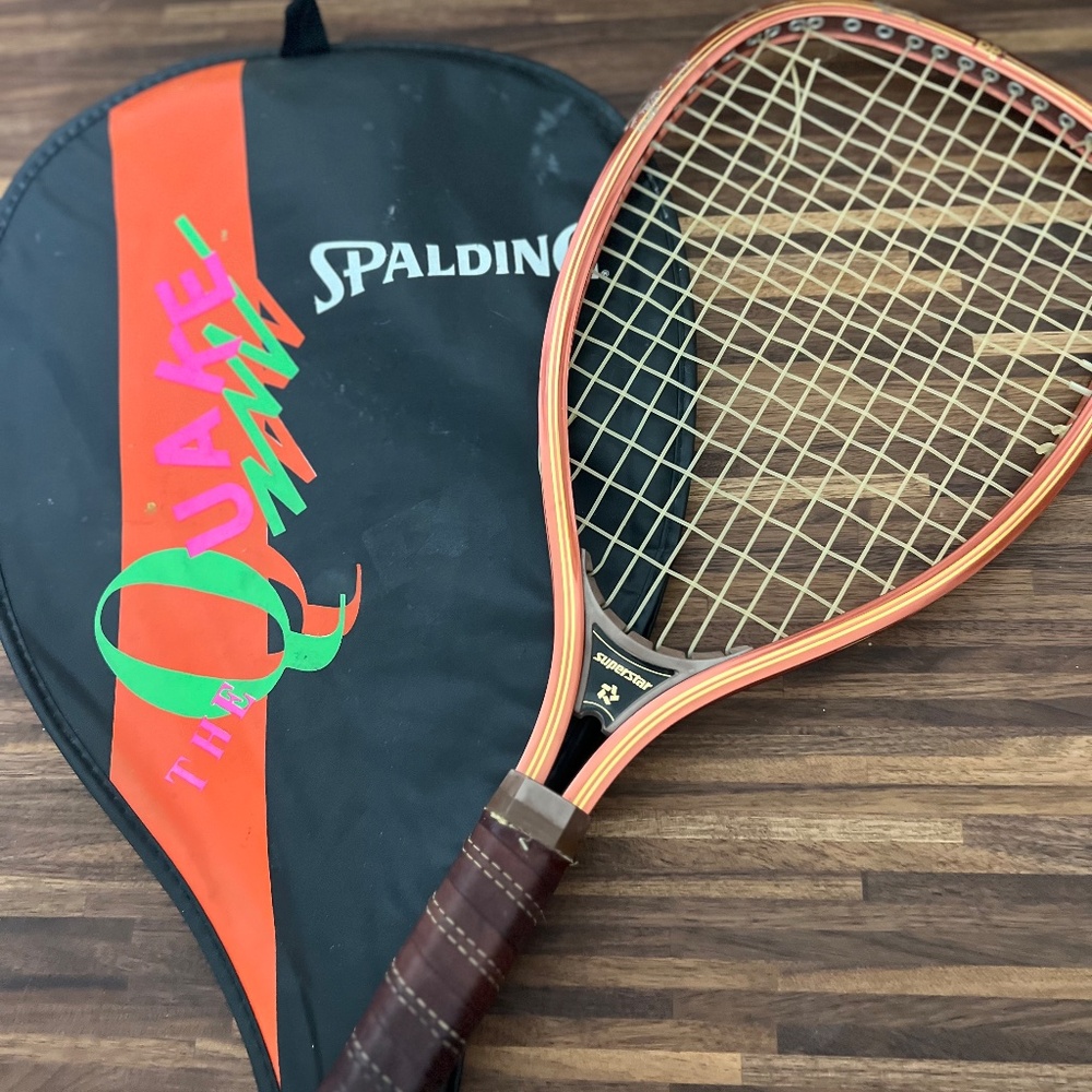 Vintage 80's/ 90's Racketball racket and cover. Leather handle